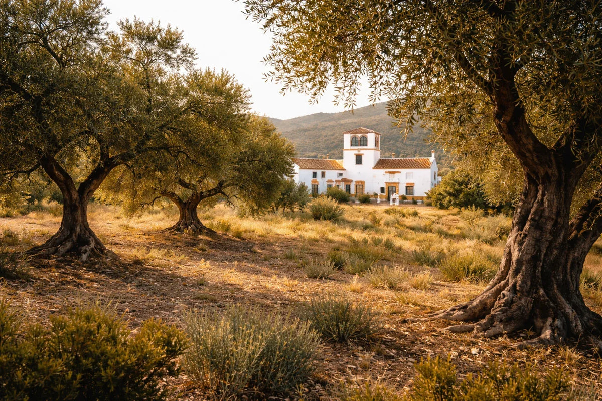 Cortijo de la Aldehuela entre olivos en Andújar, Jaén