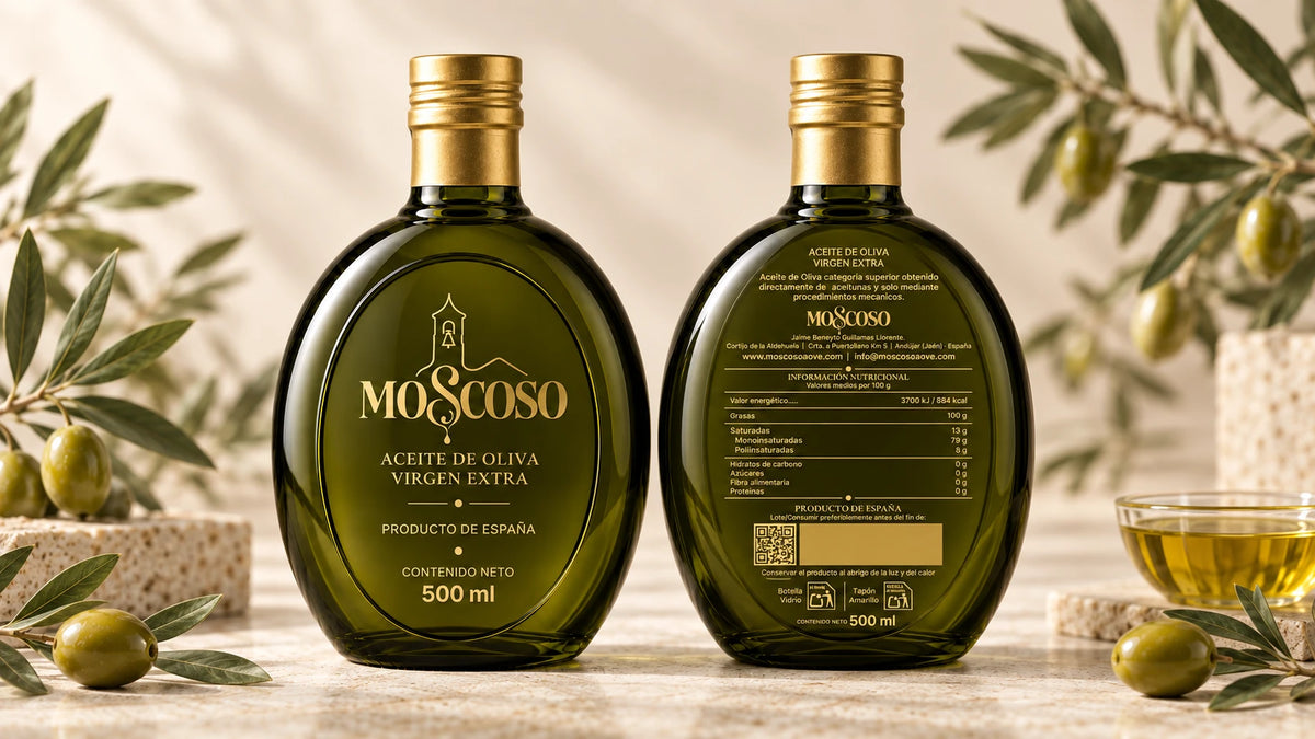 Moscoso AOVE 500 ml, dos botellas frontal y trasera