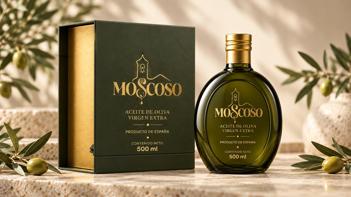 Moscoso AOVE 500 ml, estuche y botella